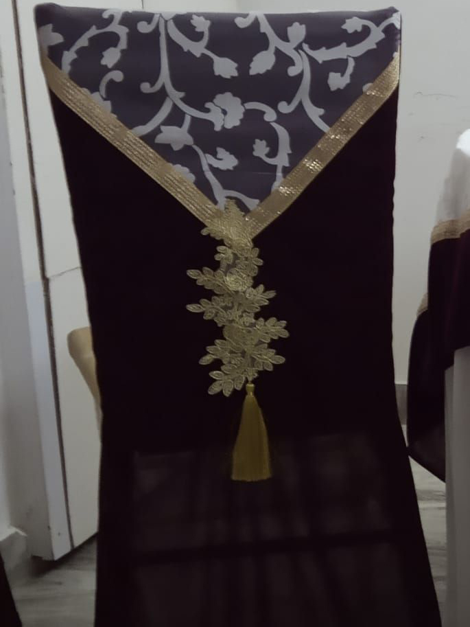 Wine color velvet chair cover with white flocking and golden lace and tassel
