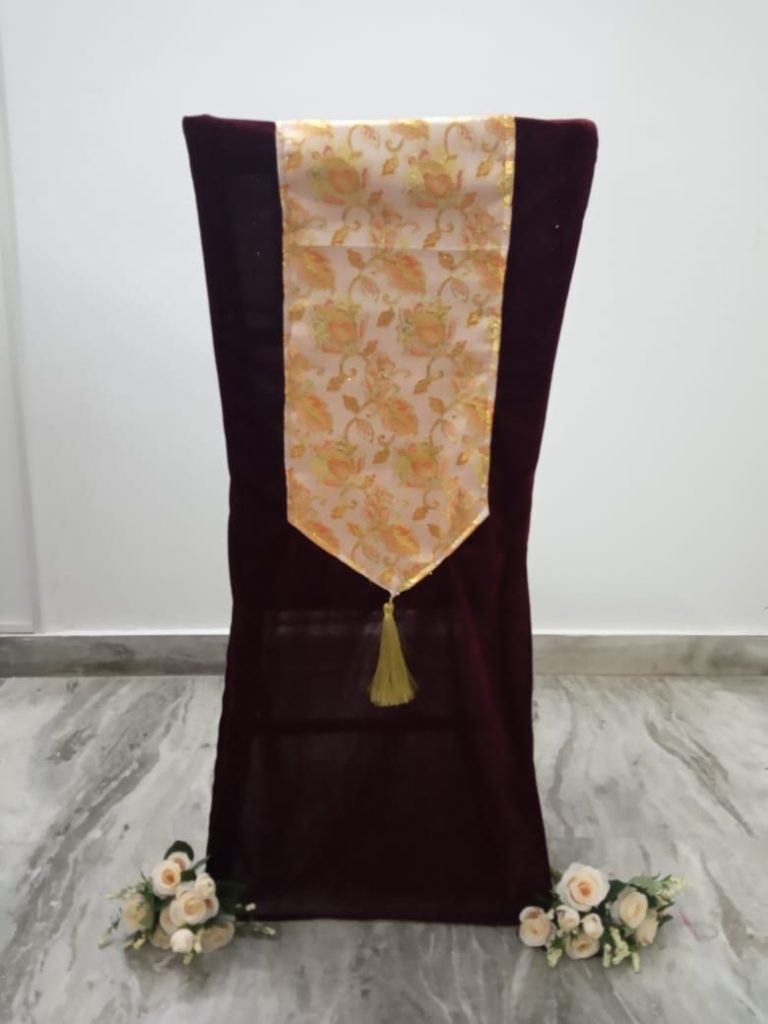 Wine color velvet chair cover with brocade attached runner